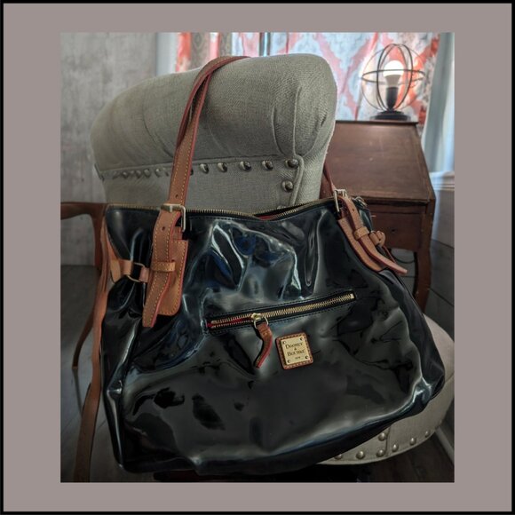 Dooney & Bourke Glossy Black Satchel with Tan Accents - Picture 1 of 2